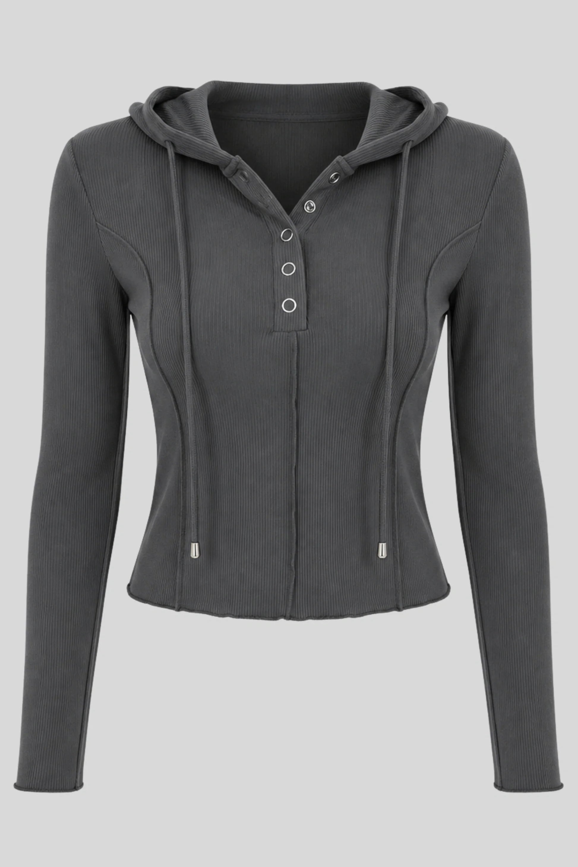 Grey Ribbed Hooded Long-Sleeve Top with Button Placket Grey