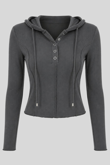 Grey Ribbed Hooded Long-Sleeve Top with Button Placket Grey