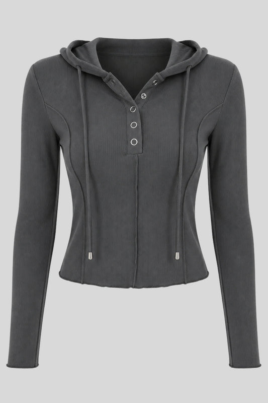 Grey Ribbed Hooded Long-Sleeve Top with Button Placket Grey