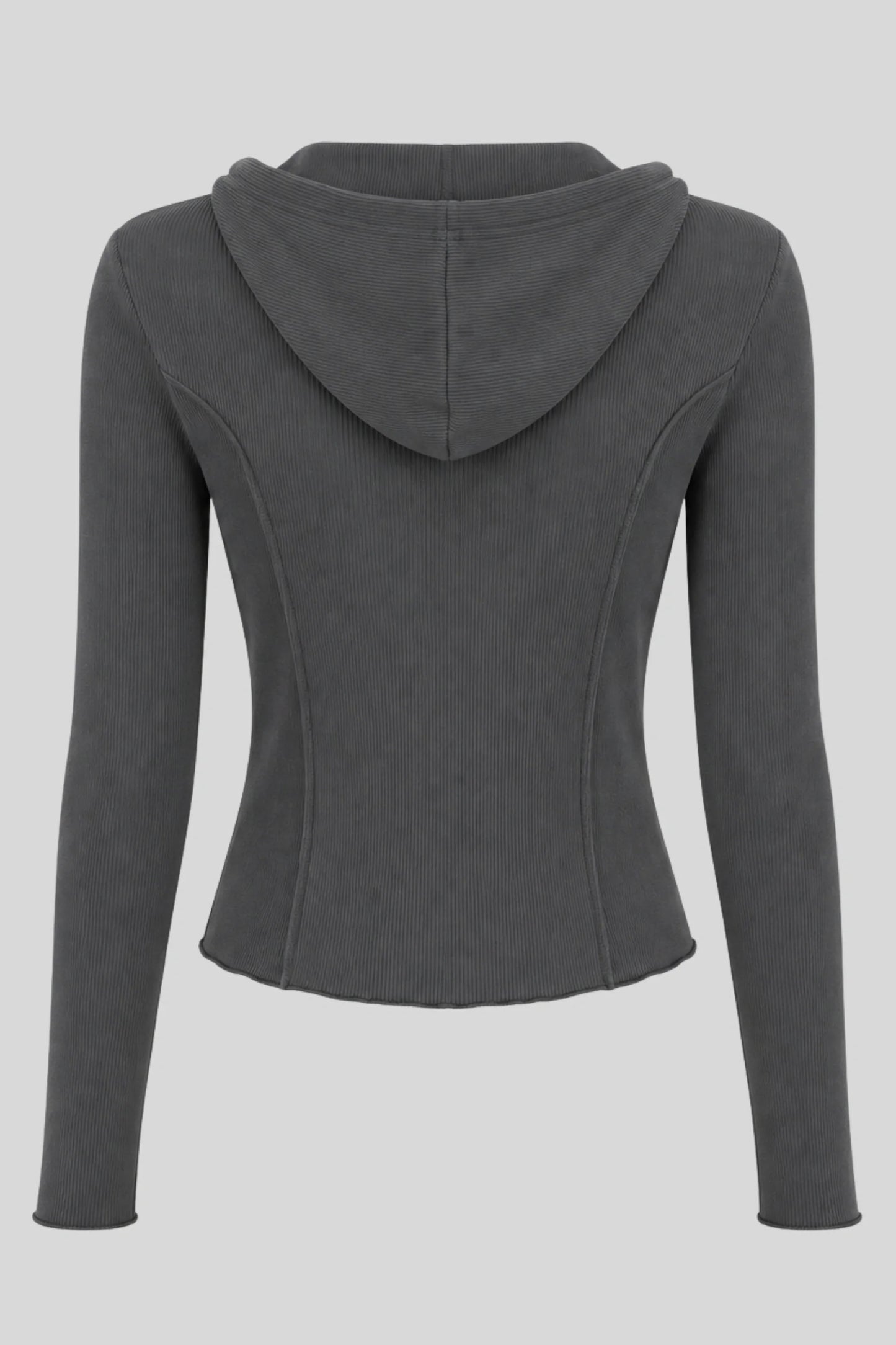 Grey Ribbed Hooded Long-Sleeve Top with Button Placket Grey