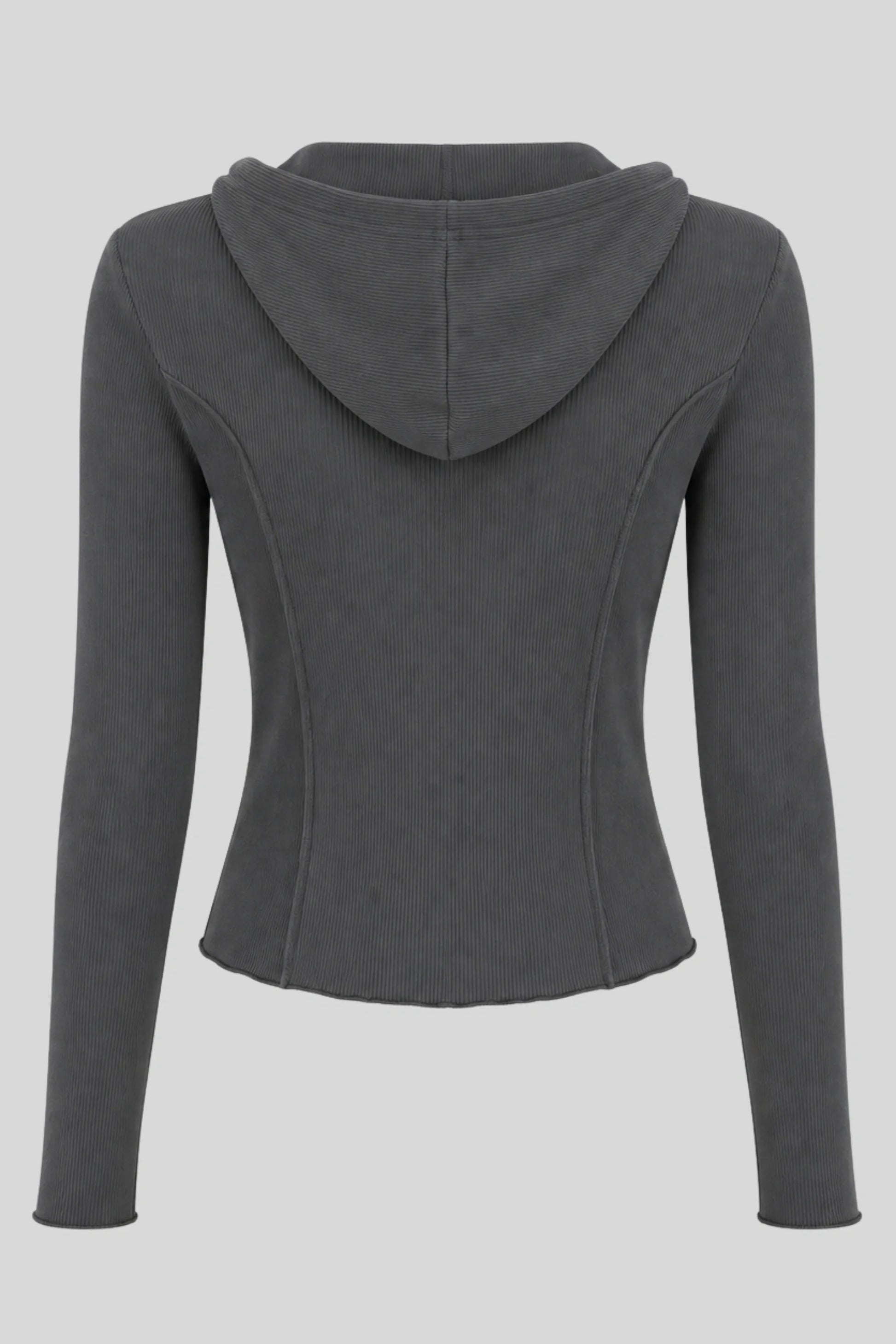 Grey Ribbed Hooded Long-Sleeve Top with Button Placket Grey