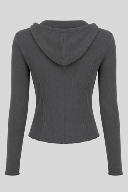Grey Ribbed Hooded Long-Sleeve Top with Button Placket Grey