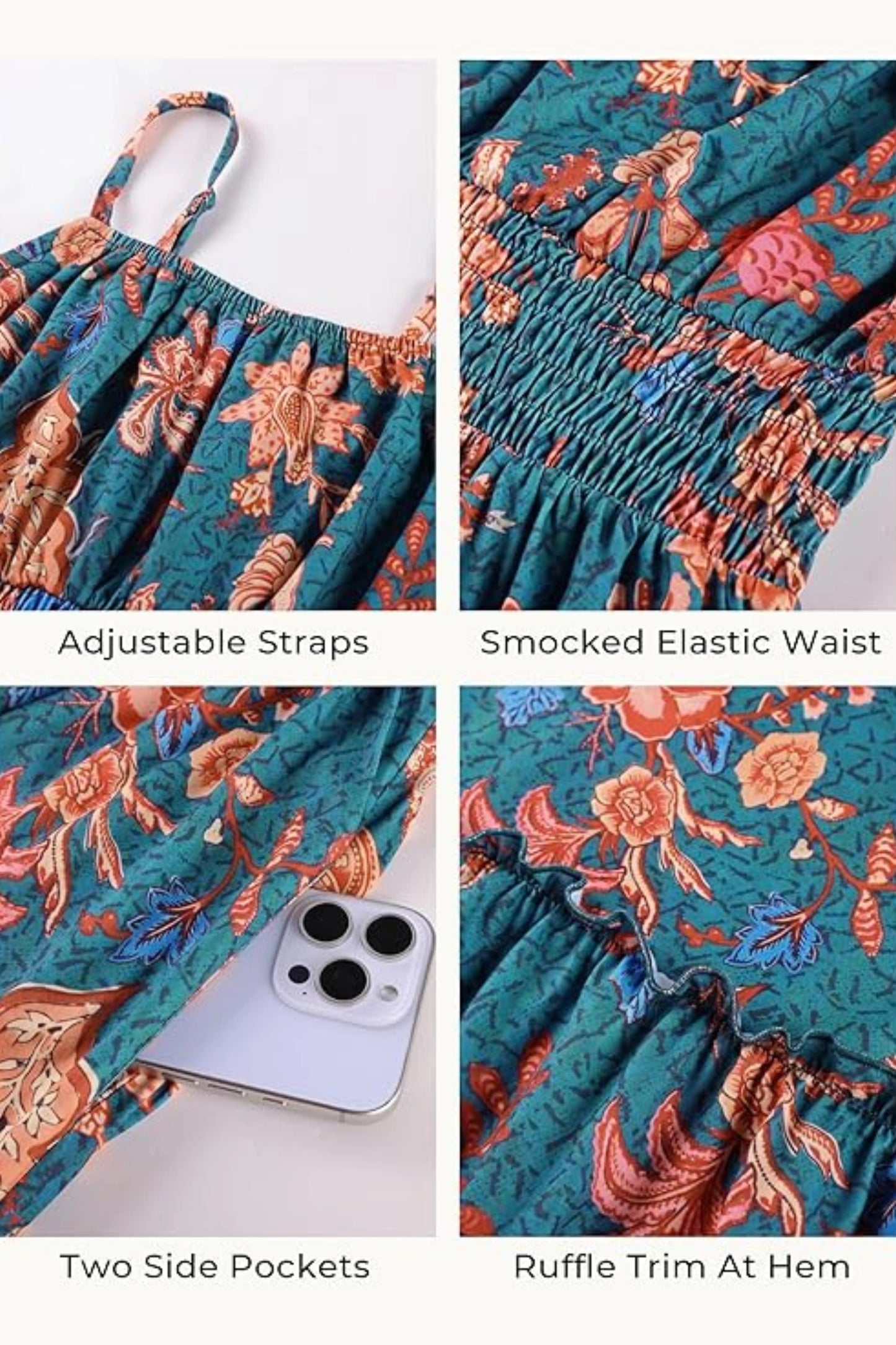 3 floral maxi sundress smocked bodice spaghetti strap tiered ruffle hem  Dark gray