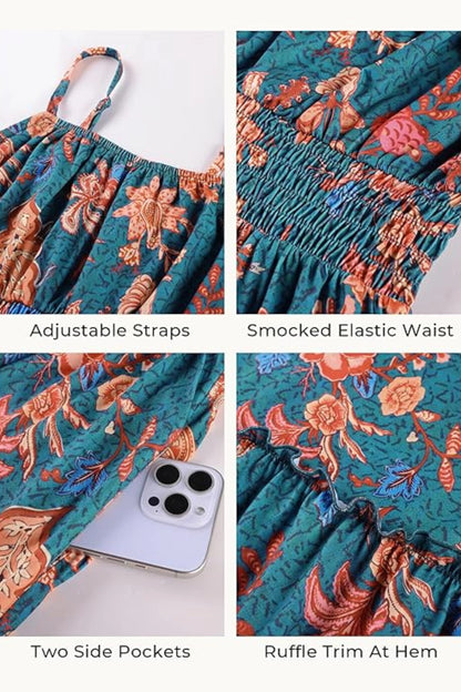 3 floral maxi sundress smocked bodice spaghetti strap tiered ruffle hem  Dark gray