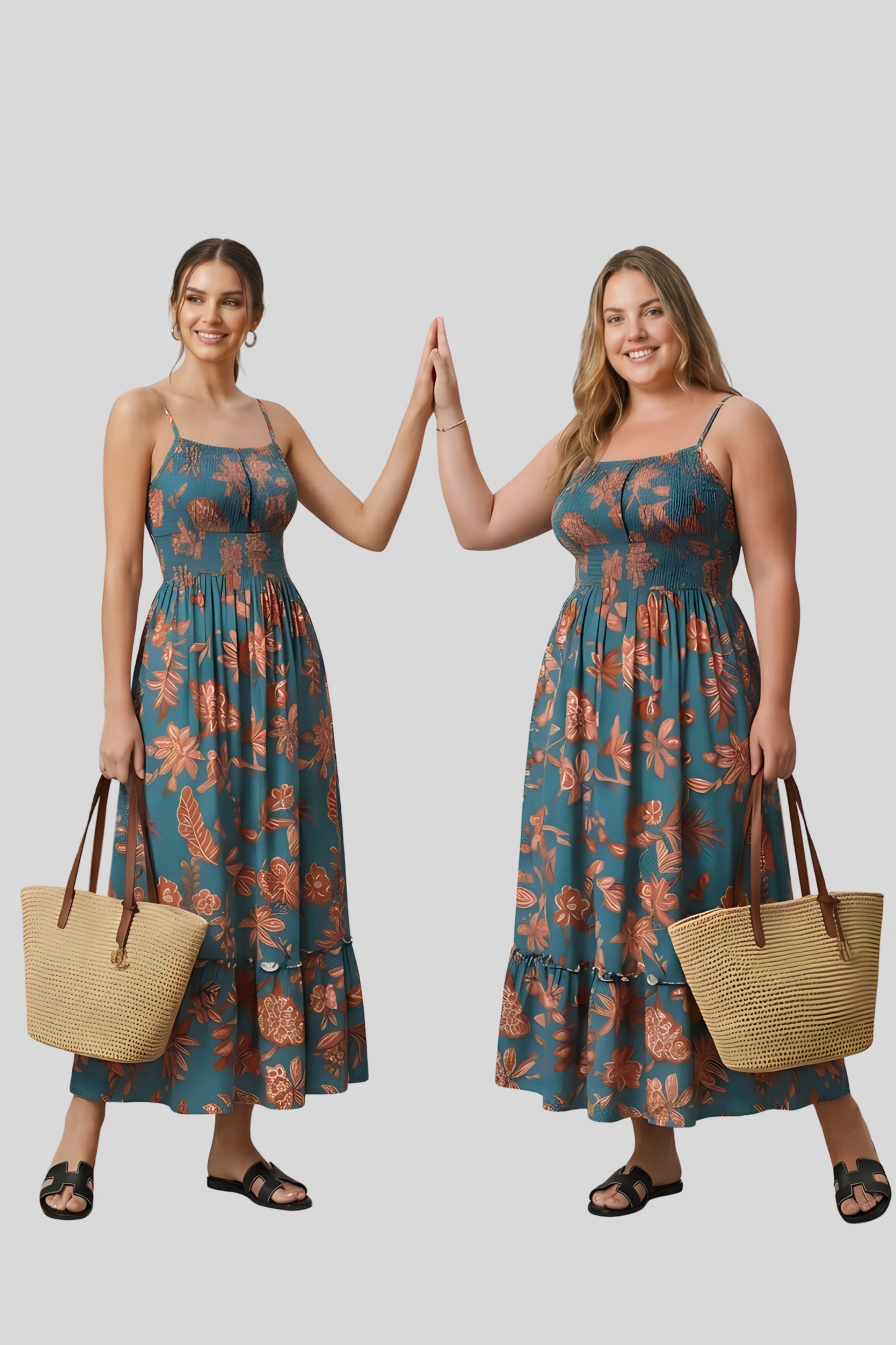 3 floral maxi sundress smocked bodice spaghetti strap tiered ruffle hem  Dark gray
