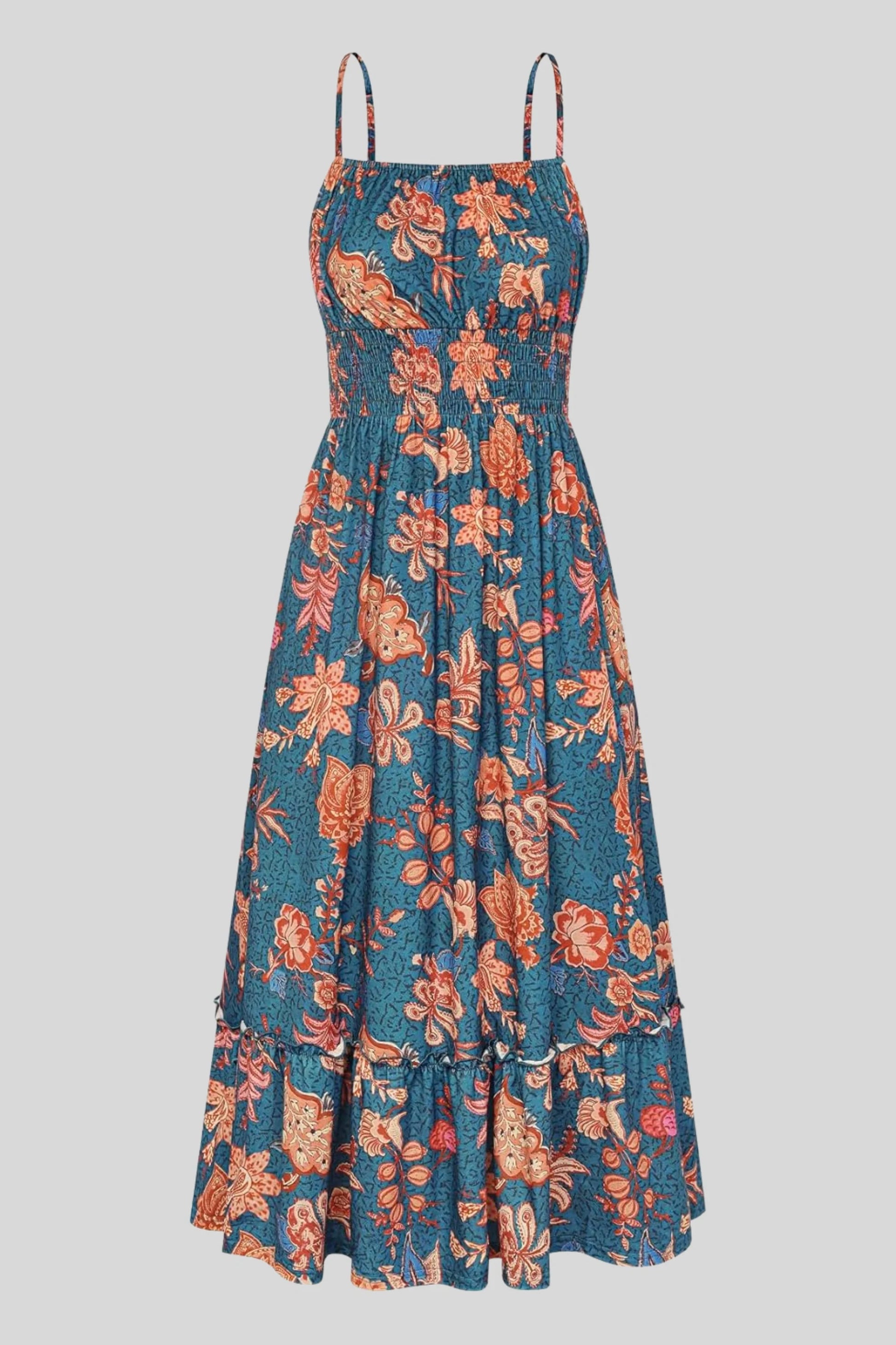 3 floral maxi sundress smocked bodice spaghetti strap tiered ruffle hem  Dark gray