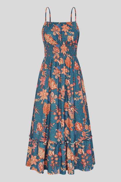 3 floral maxi sundress smocked bodice spaghetti strap tiered ruffle hem  Dark gray