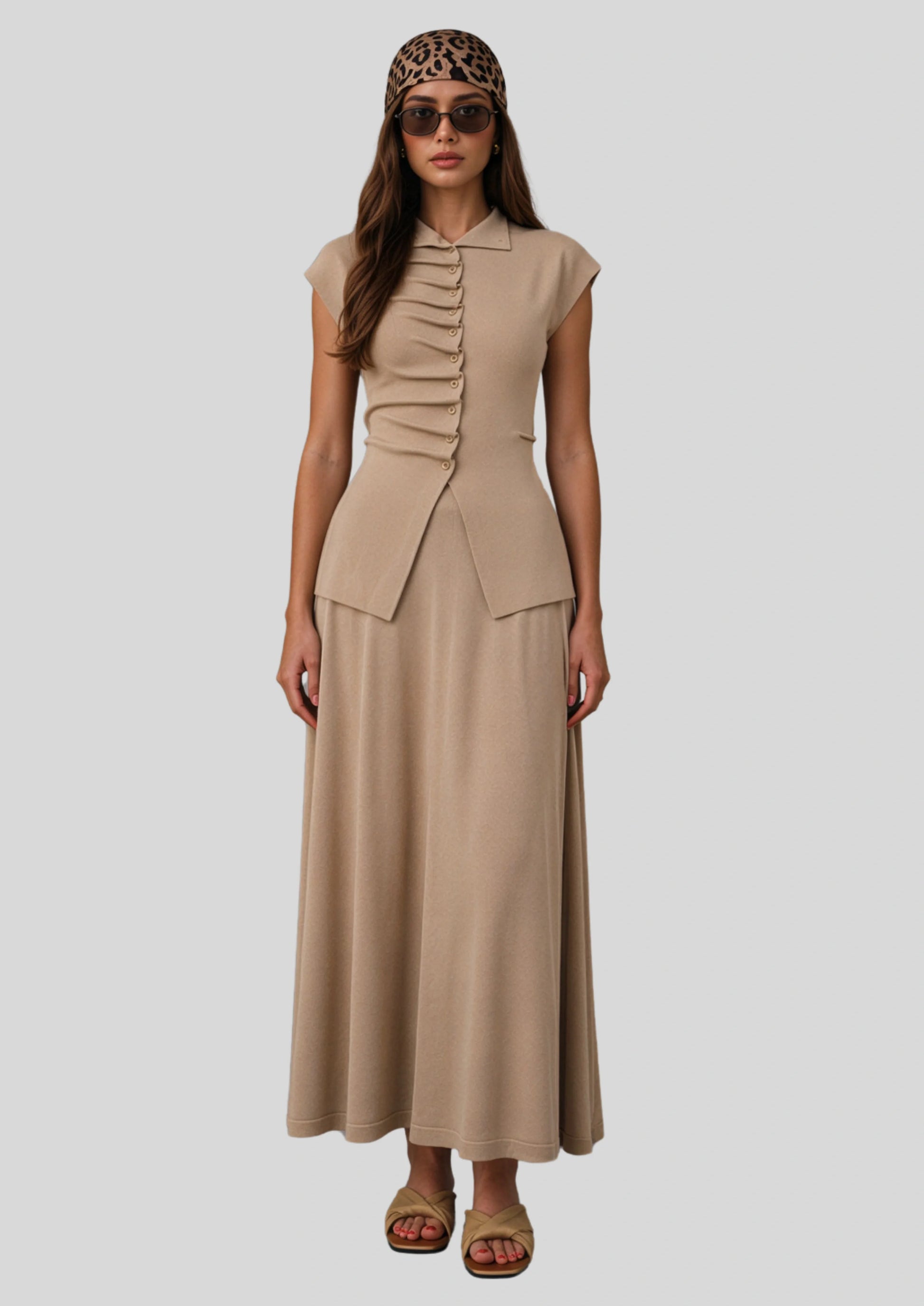 Ruched Button Knit Top and Maxi Skirt Set Apricot
