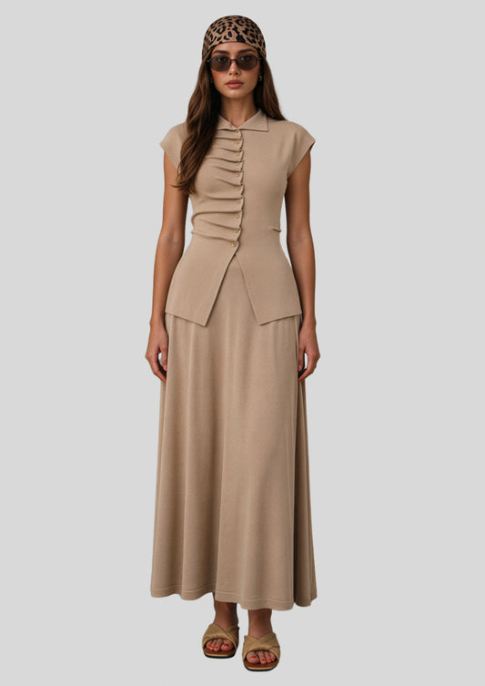 Ruched Button Knit Top and Maxi Skirt Set Apricot