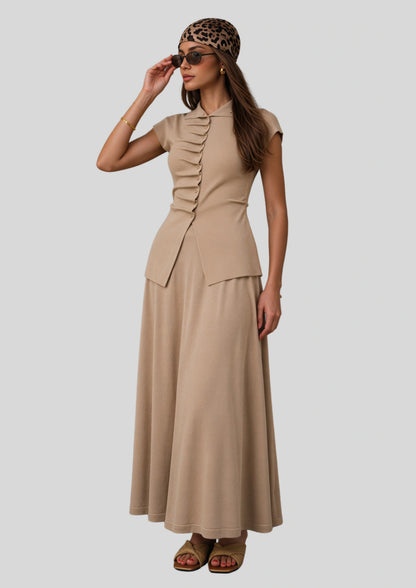 Ruched Button Knit Top and Maxi Skirt Set Apricot
