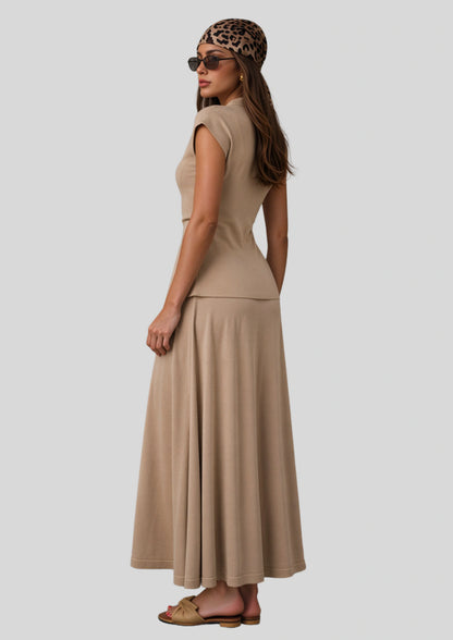 Ruched Button Knit Top and Maxi Skirt Set Apricot