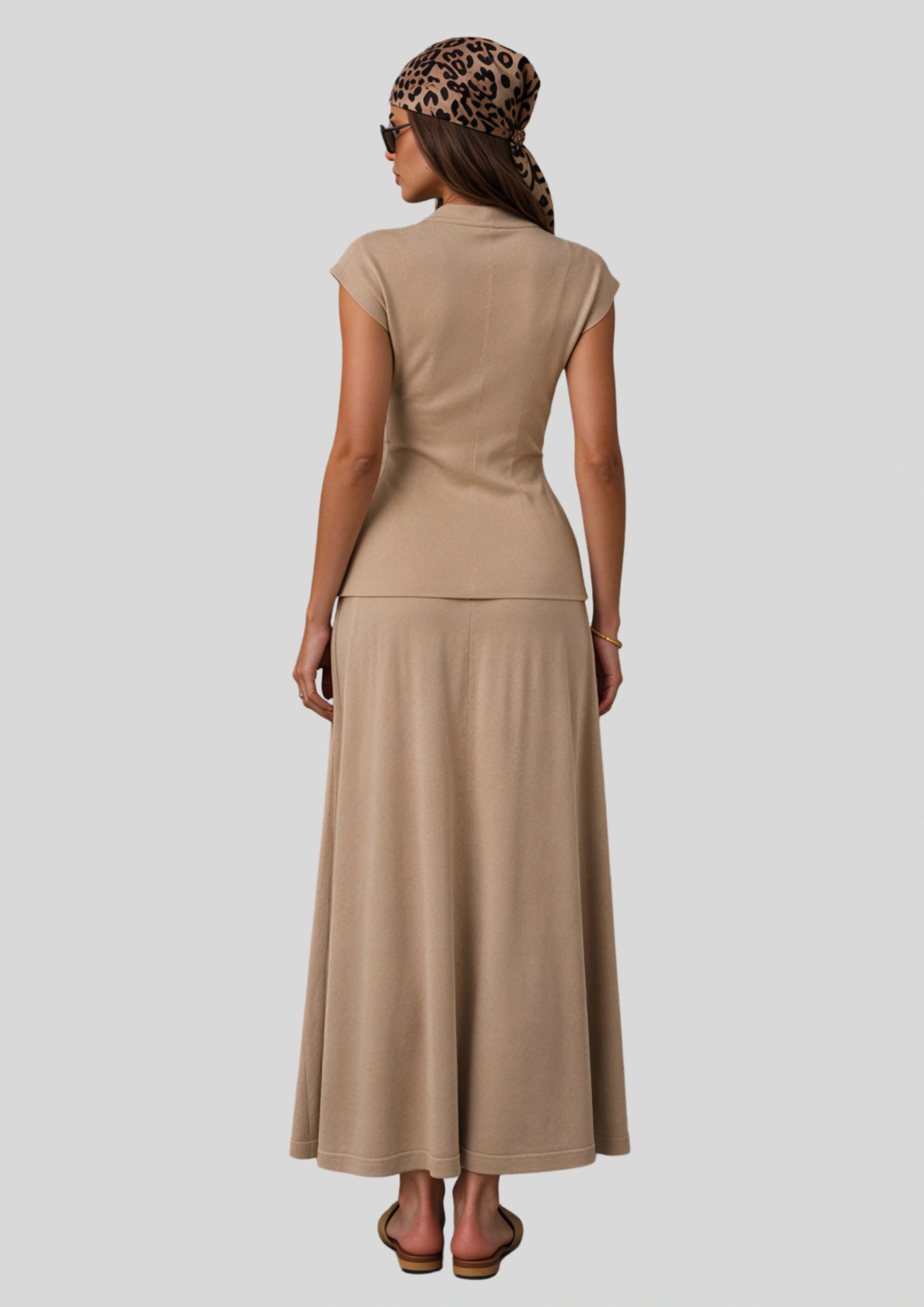 Ruched Button Knit Top and Maxi Skirt Set Apricot