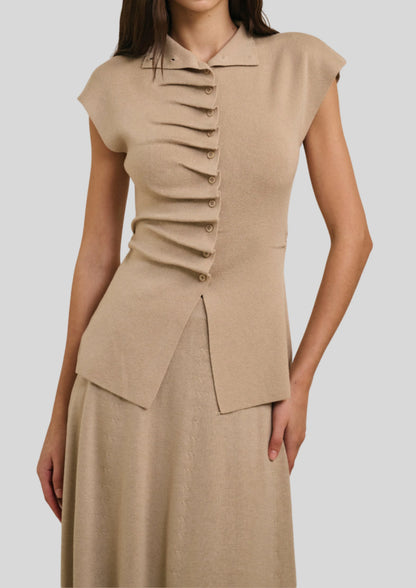 Ruched Button Knit Top and Maxi Skirt Set Apricot