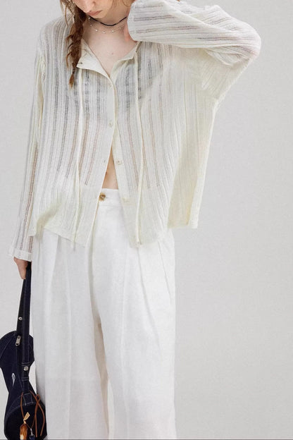 White Lightweight Ribbed Cardigan with Tie Front White