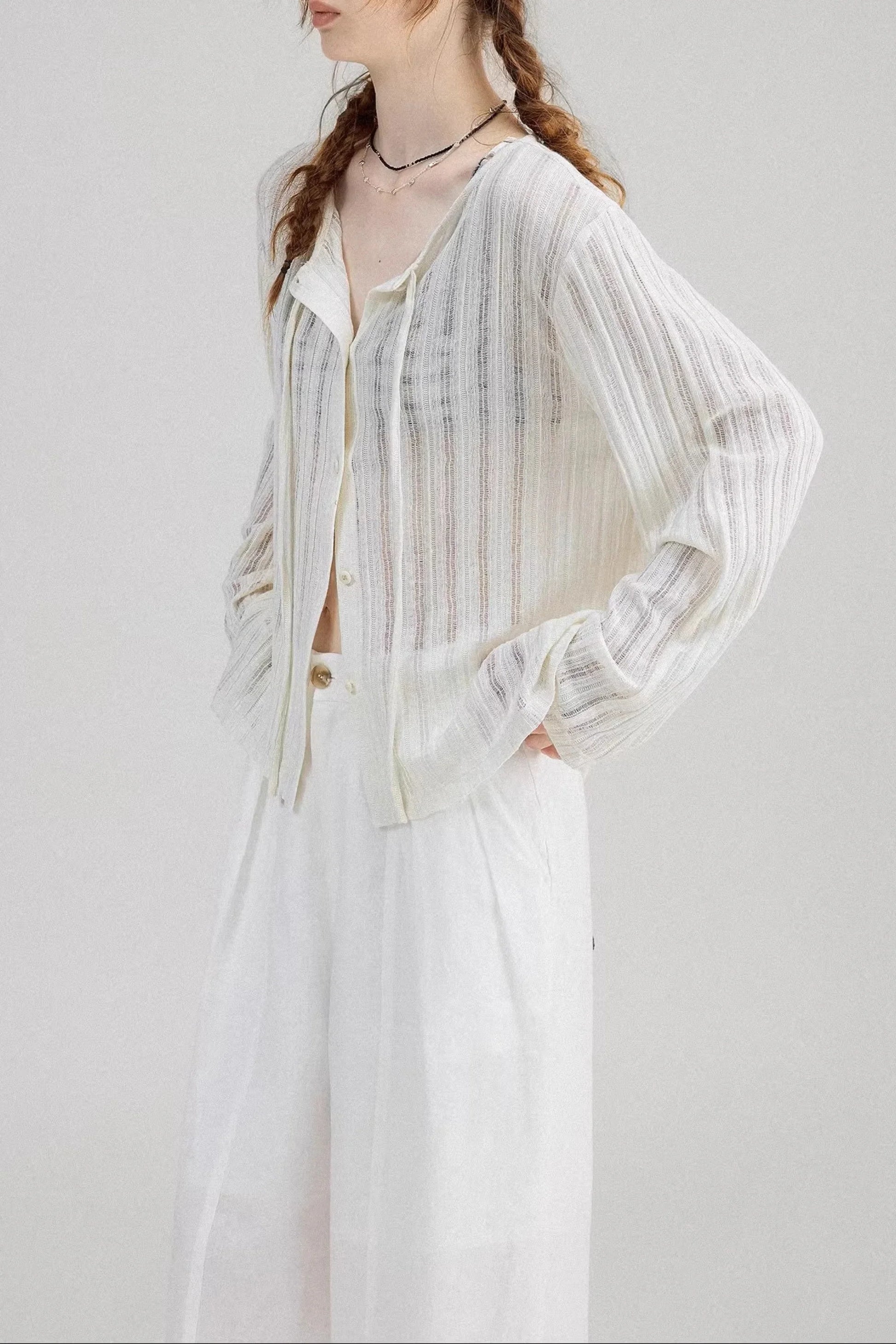 White Lightweight Ribbed Cardigan with Tie Front White