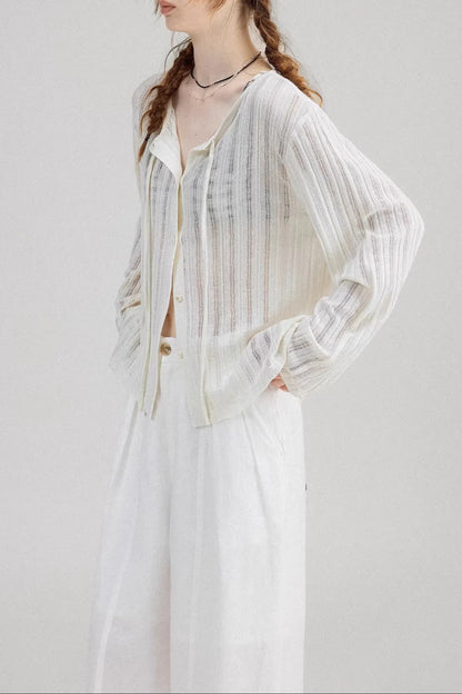 White Lightweight Ribbed Cardigan with Tie Front White