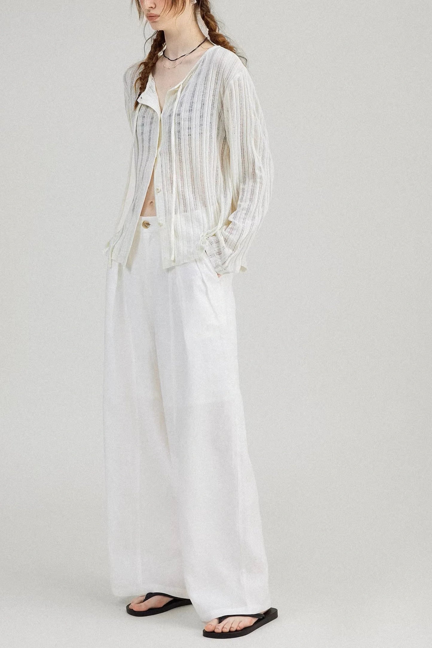 White Lightweight Ribbed Cardigan with Tie Front White
