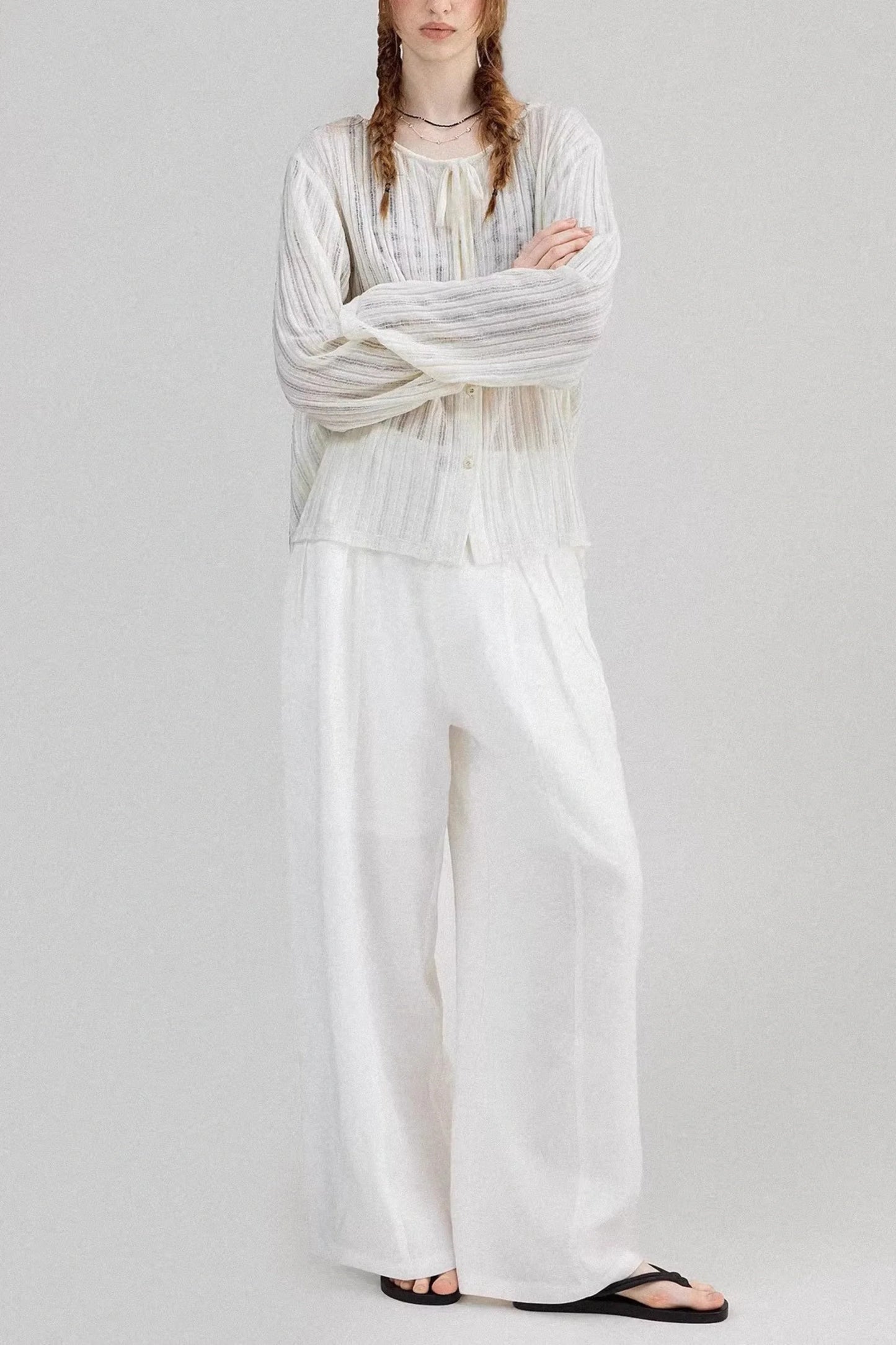 White Lightweight Ribbed Cardigan with Tie Front White
