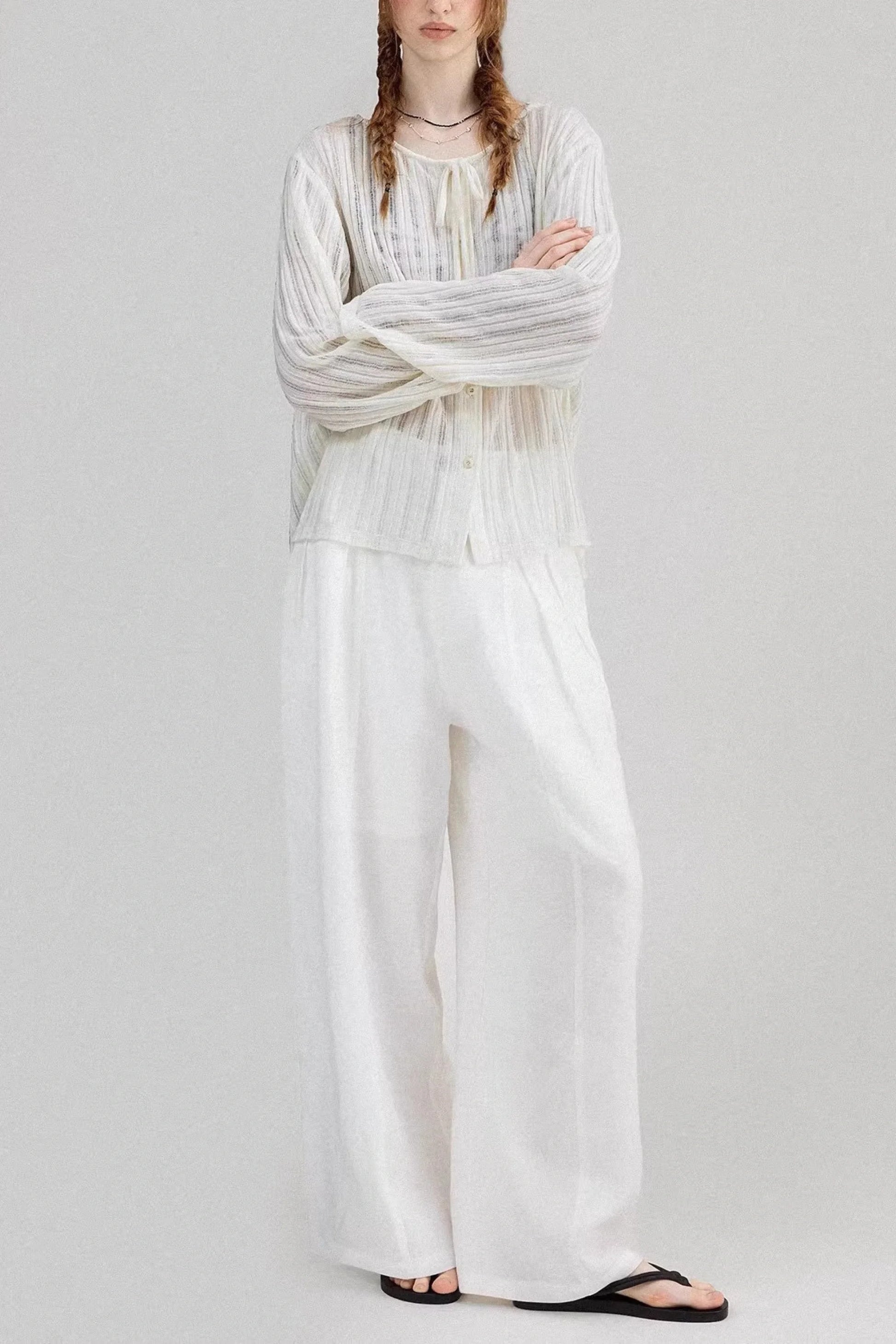 White Lightweight Ribbed Cardigan with Tie Front White