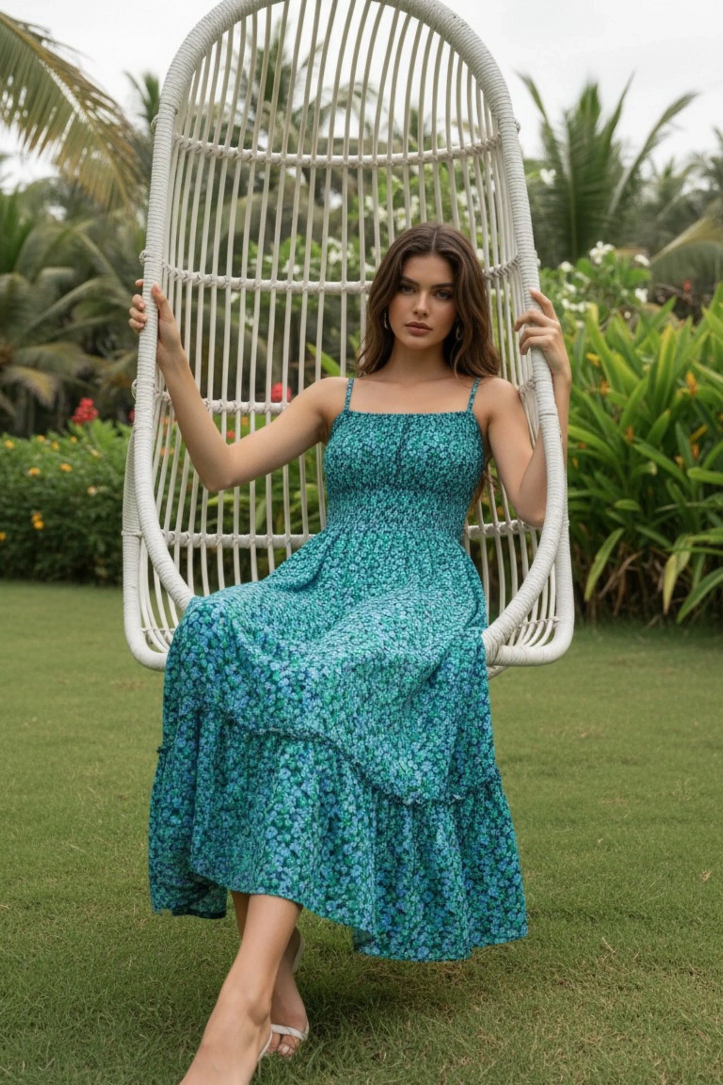 4 floral maxi sundress smocked bodice spaghetti strap tiered ruffle hem  Green