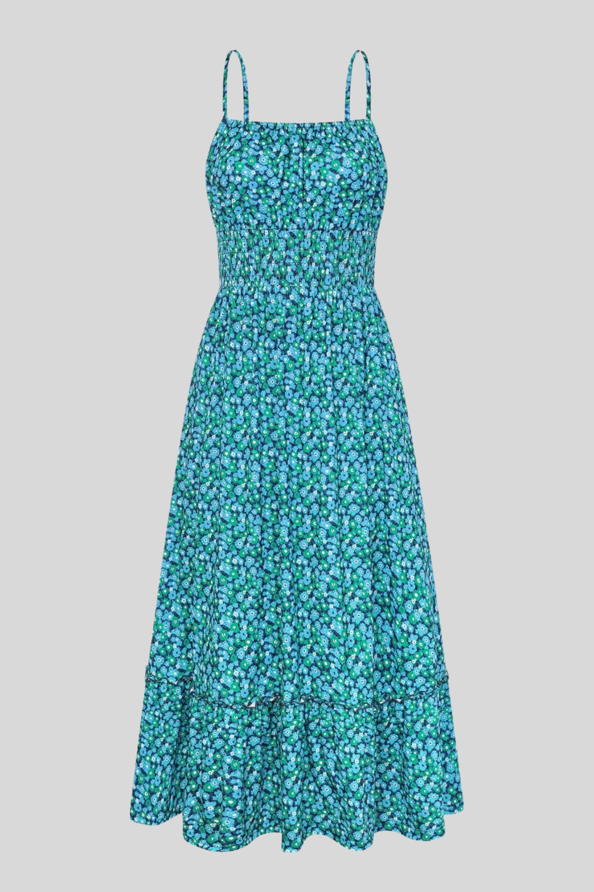 4 floral maxi sundress smocked bodice spaghetti strap tiered ruffle hem  Green