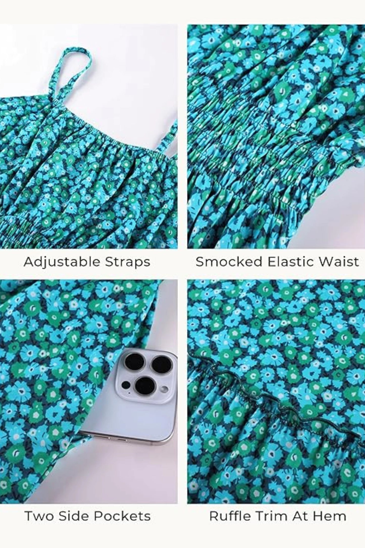 4 floral maxi sundress smocked bodice spaghetti strap tiered ruffle hem  Green