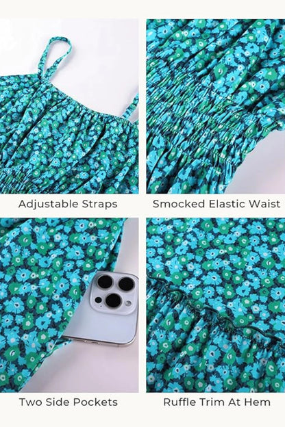 4 floral maxi sundress smocked bodice spaghetti strap tiered ruffle hem  Green