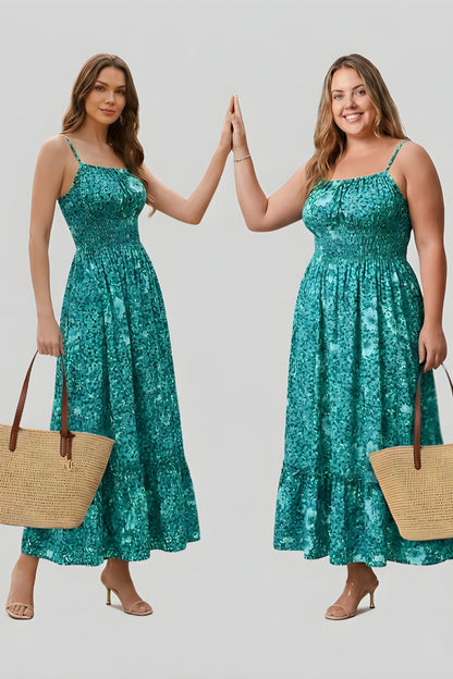 4 floral maxi sundress smocked bodice spaghetti strap tiered ruffle hem  Green