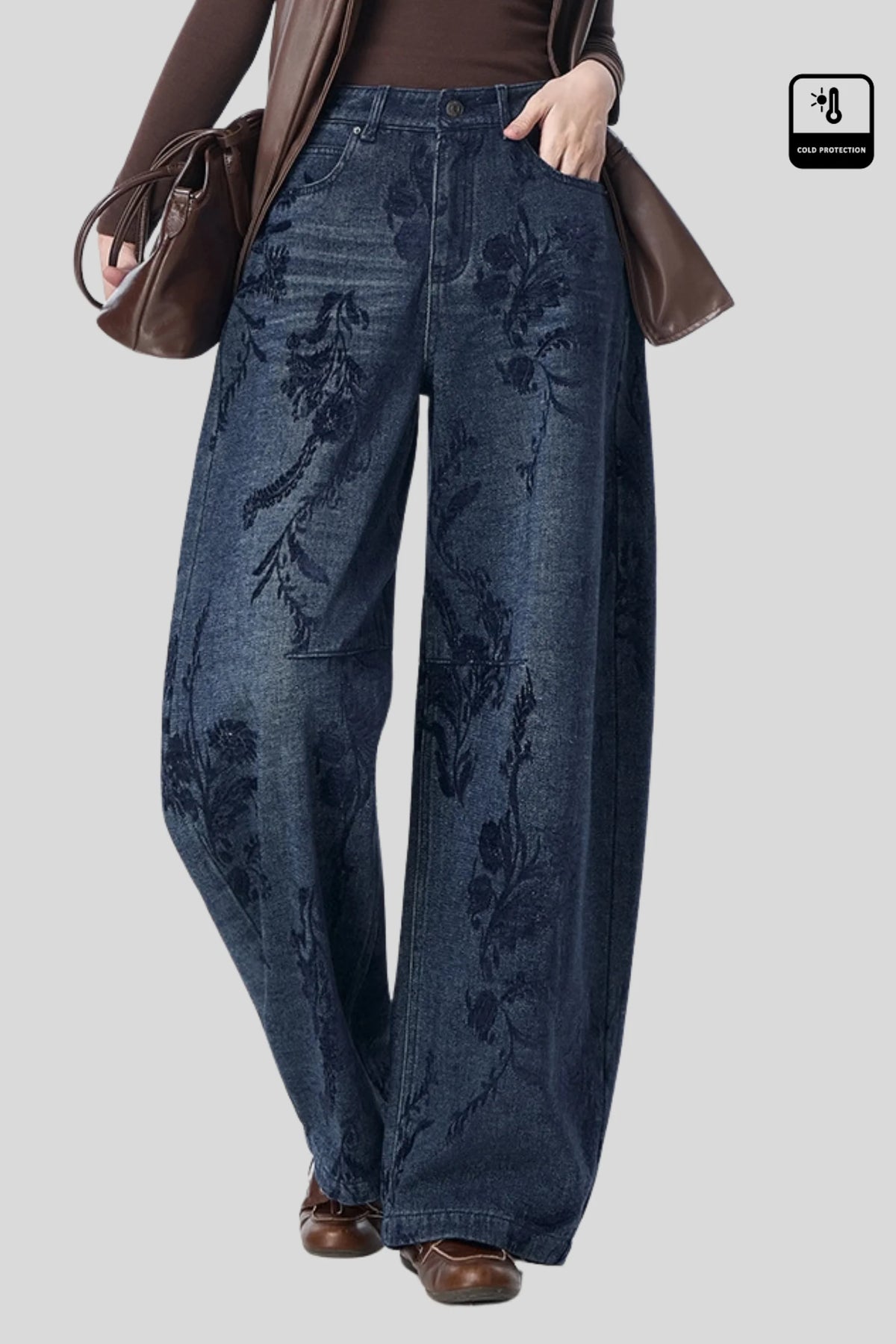 Dark Blue Wide-Leg Cotton Jeans with Floral Embroidery