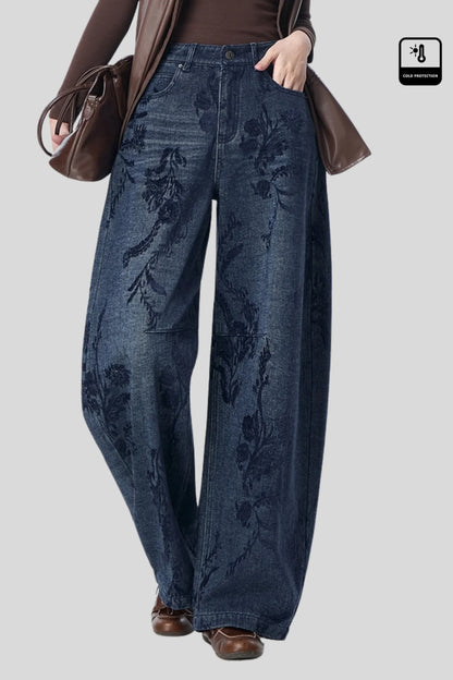 Dark Blue Wide-Leg Cotton Jeans with Floral Embroidery