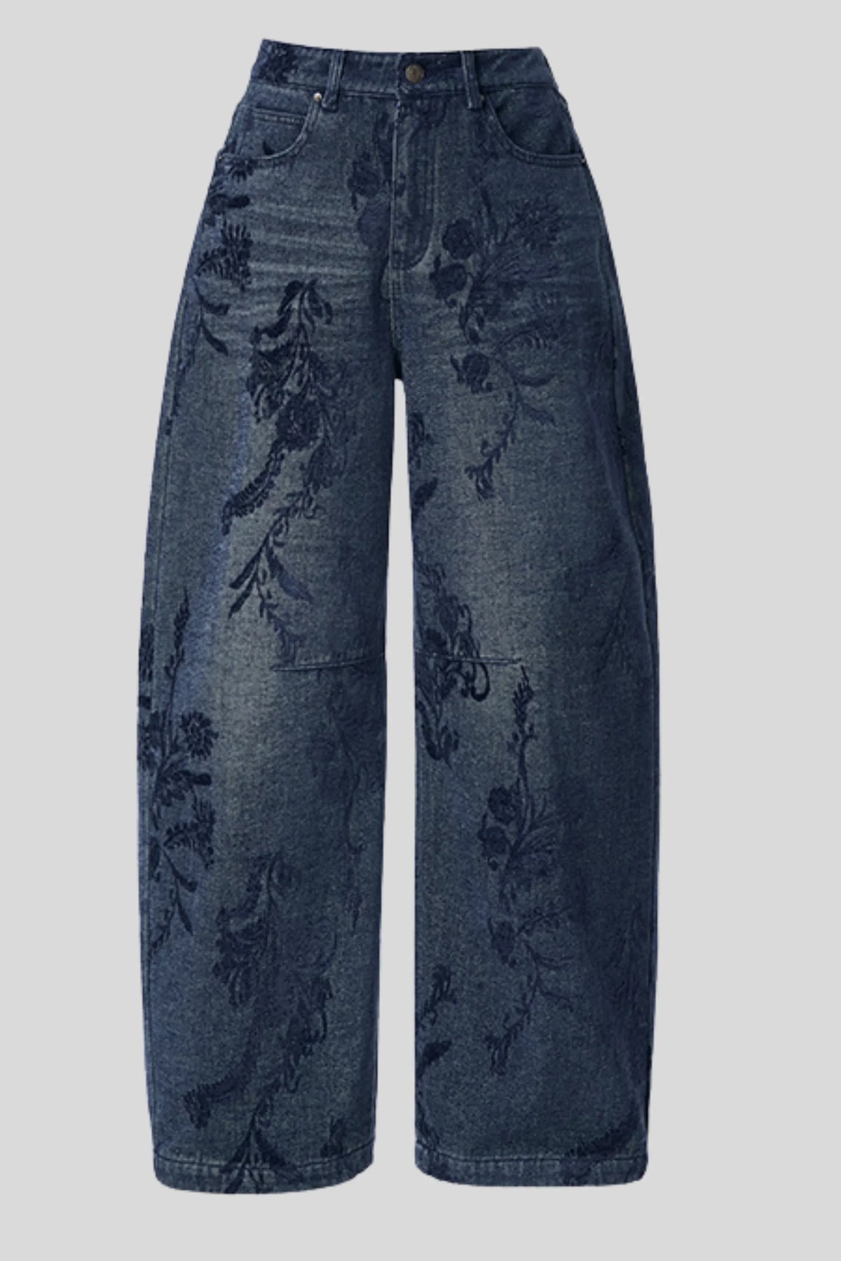 Dark Blue Wide-Leg Jeans with Floral Embroidery Dark Blue