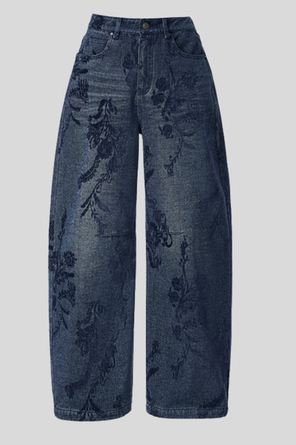 Dark Blue Wide-Leg Jeans with Floral Embroidery Dark Blue