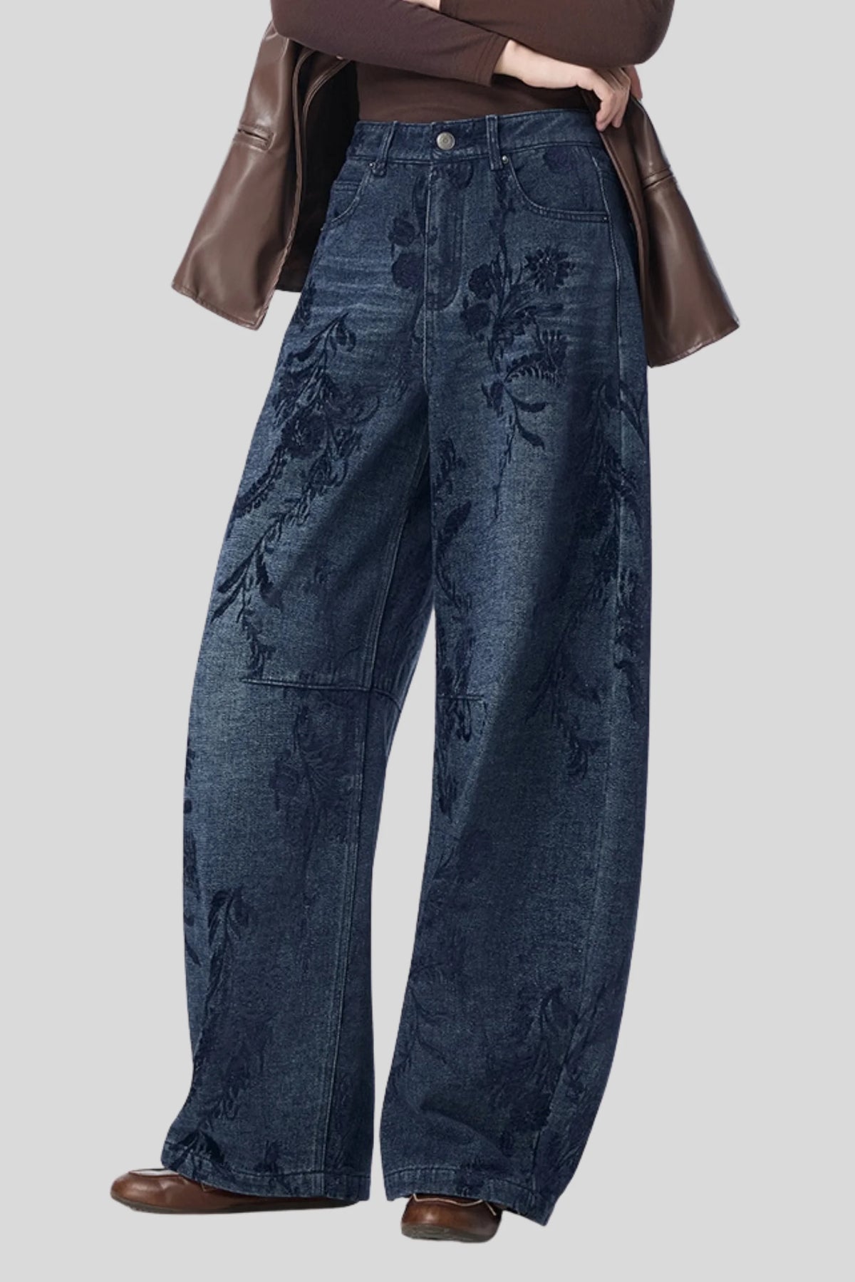 Dark Blue Wide-Leg Cotton Jeans with Floral Embroidery