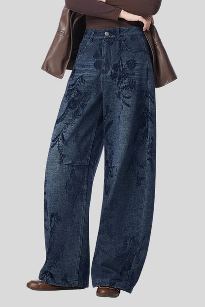 Dark Blue Wide-Leg Cotton Jeans with Floral Embroidery