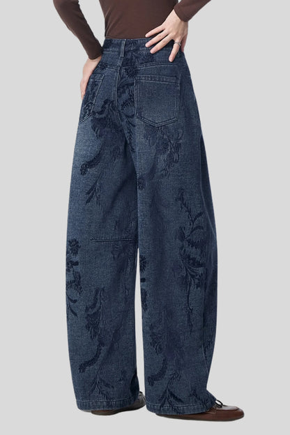 Dark Blue Wide-Leg Cotton Jeans with Floral Embroidery