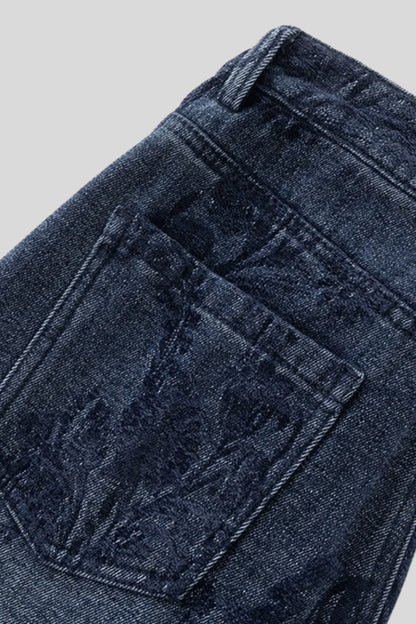 Dark Blue Wide-Leg Cotton Jeans with Floral Embroidery