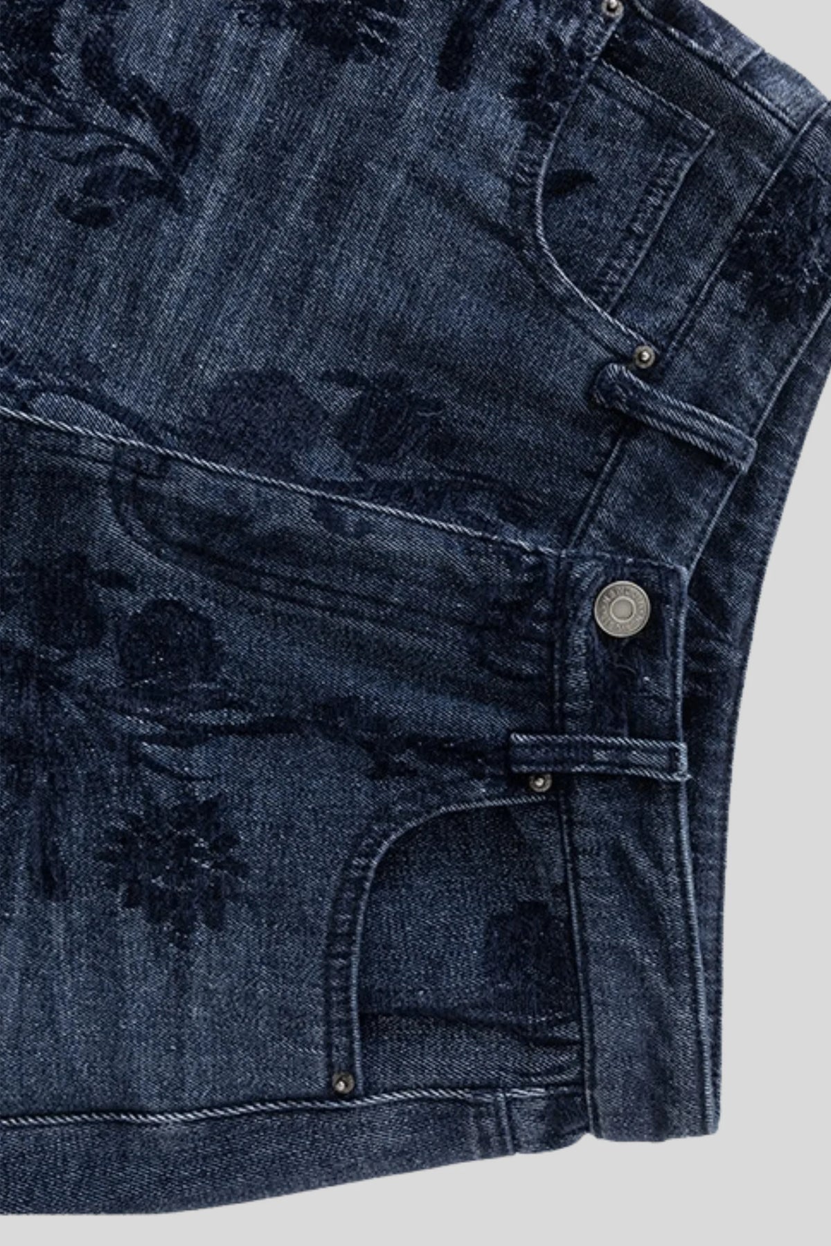 Dark Blue Wide-Leg Cotton Jeans with Floral Embroidery