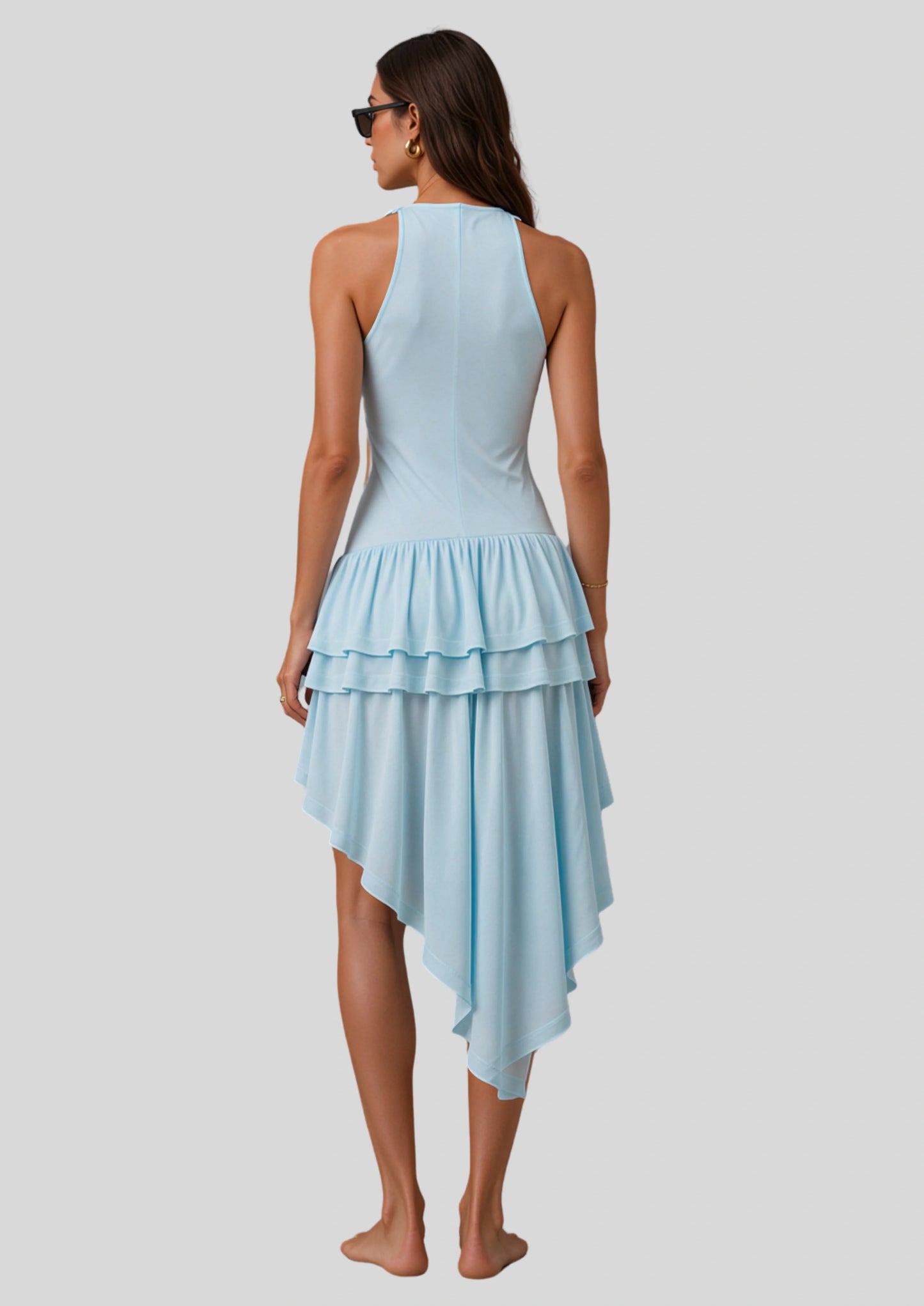 Halter Ruffle Asymmetric Hem Dress Sky Blue