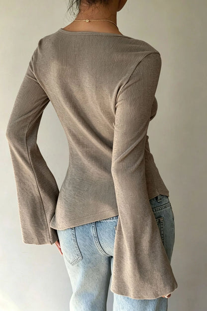 Khaki Asymmetric Long-Sleeve Top with Metal Buckle Khaki