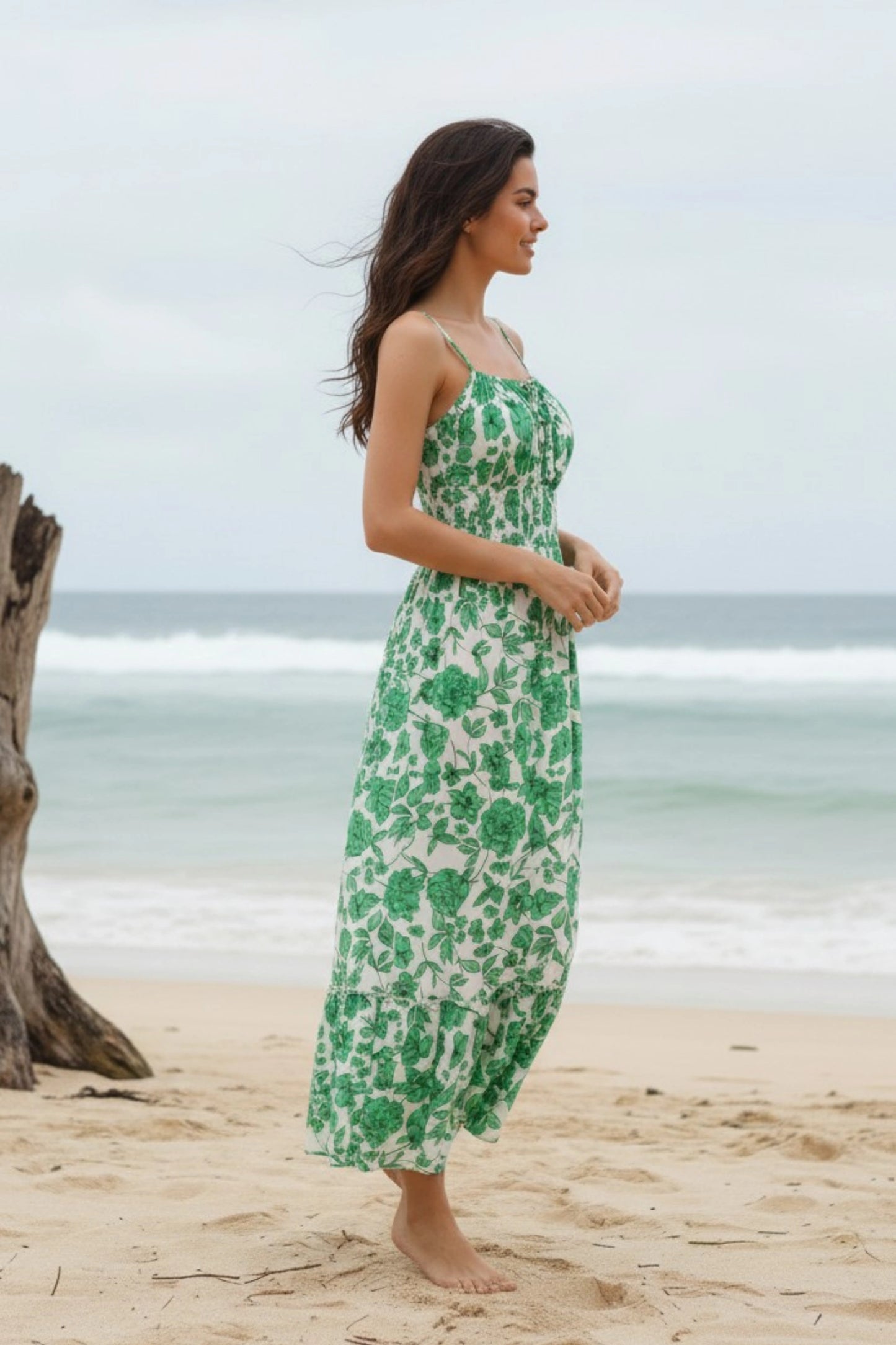 5 floral maxi sundress smocked bodice spaghetti strap tiered ruffle hem  GREEN FLORAL