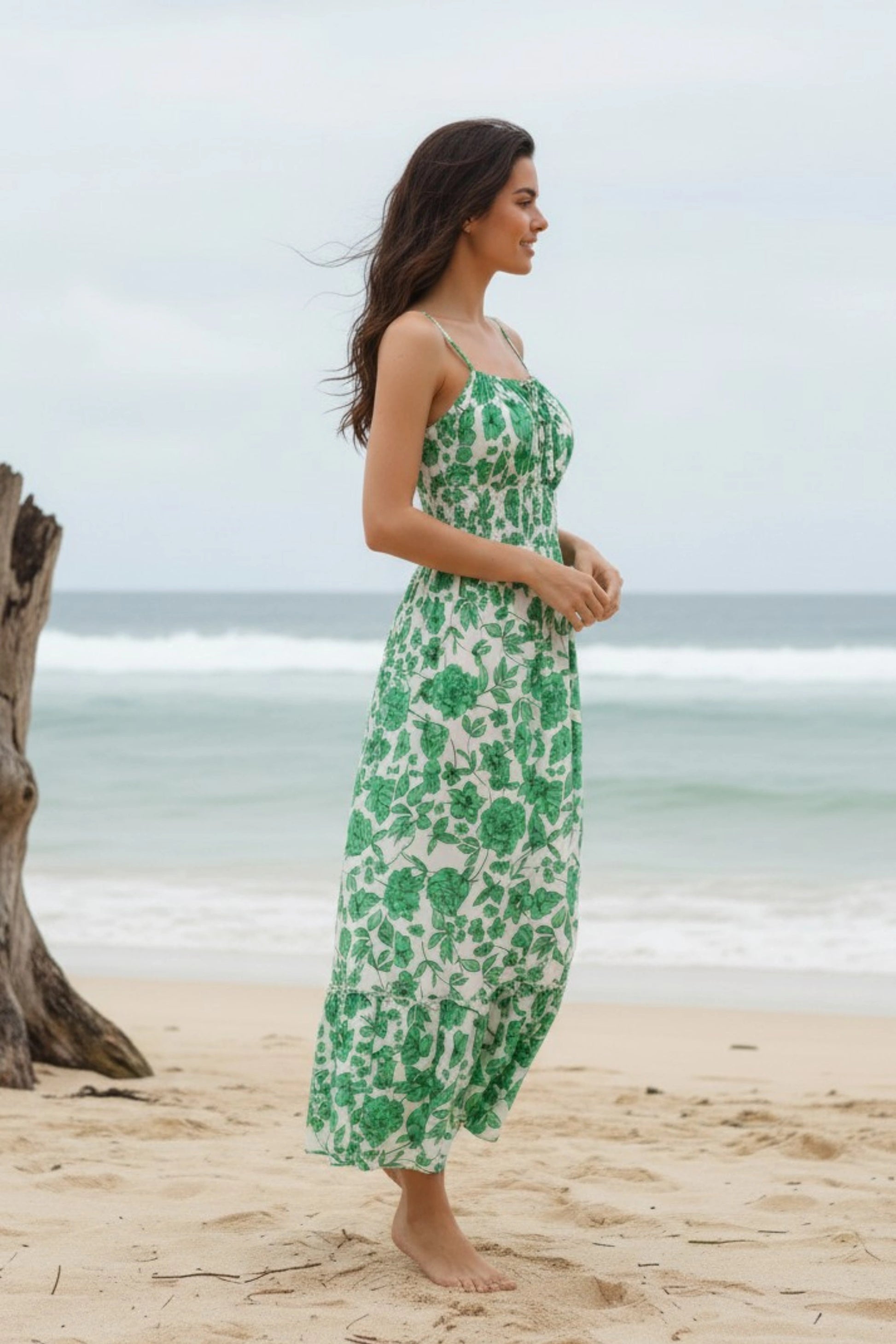 5 floral maxi sundress smocked bodice spaghetti strap tiered ruffle hem  GREEN FLORAL