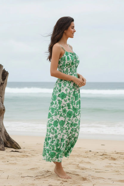 5 floral maxi sundress smocked bodice spaghetti strap tiered ruffle hem  GREEN FLORAL