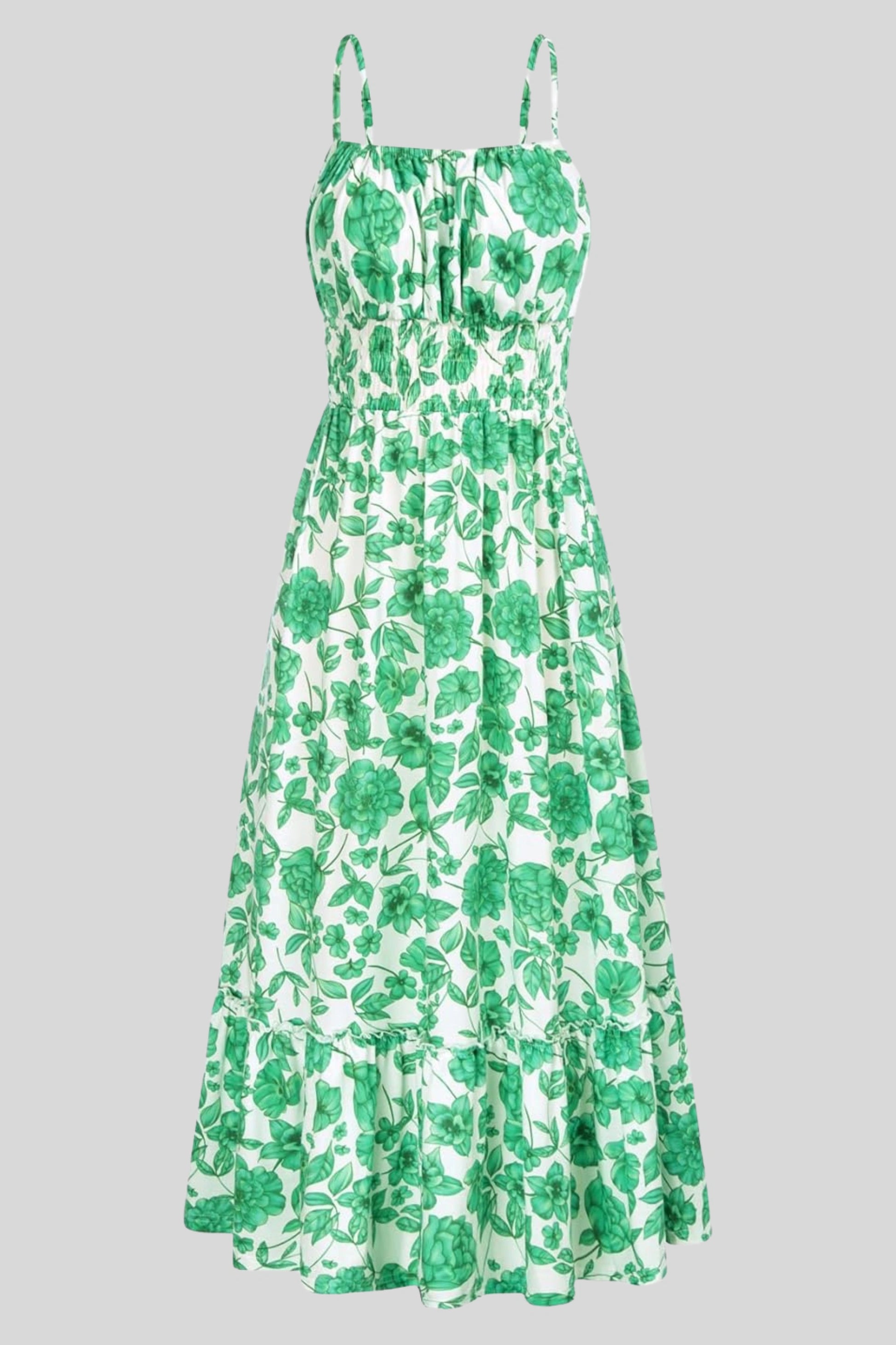 5 floral maxi sundress smocked bodice spaghetti strap tiered ruffle hem  GREEN FLORAL