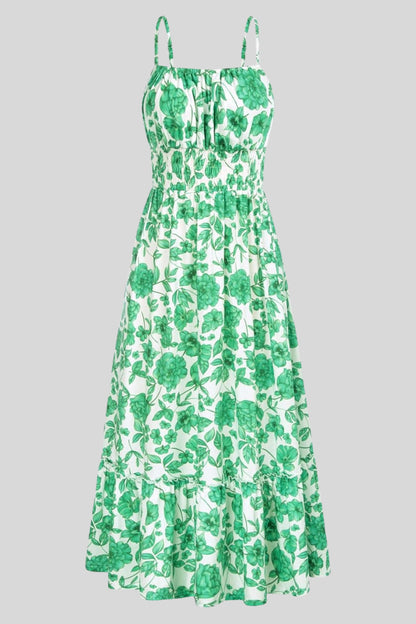 5 floral maxi sundress smocked bodice spaghetti strap tiered ruffle hem  GREEN FLORAL