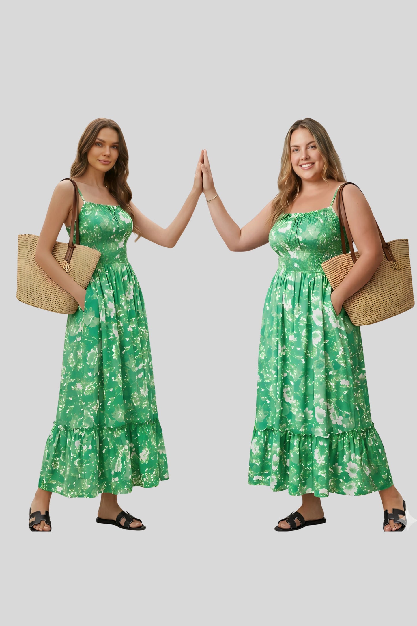 5 floral maxi sundress smocked bodice spaghetti strap tiered ruffle hem  GREEN FLORAL