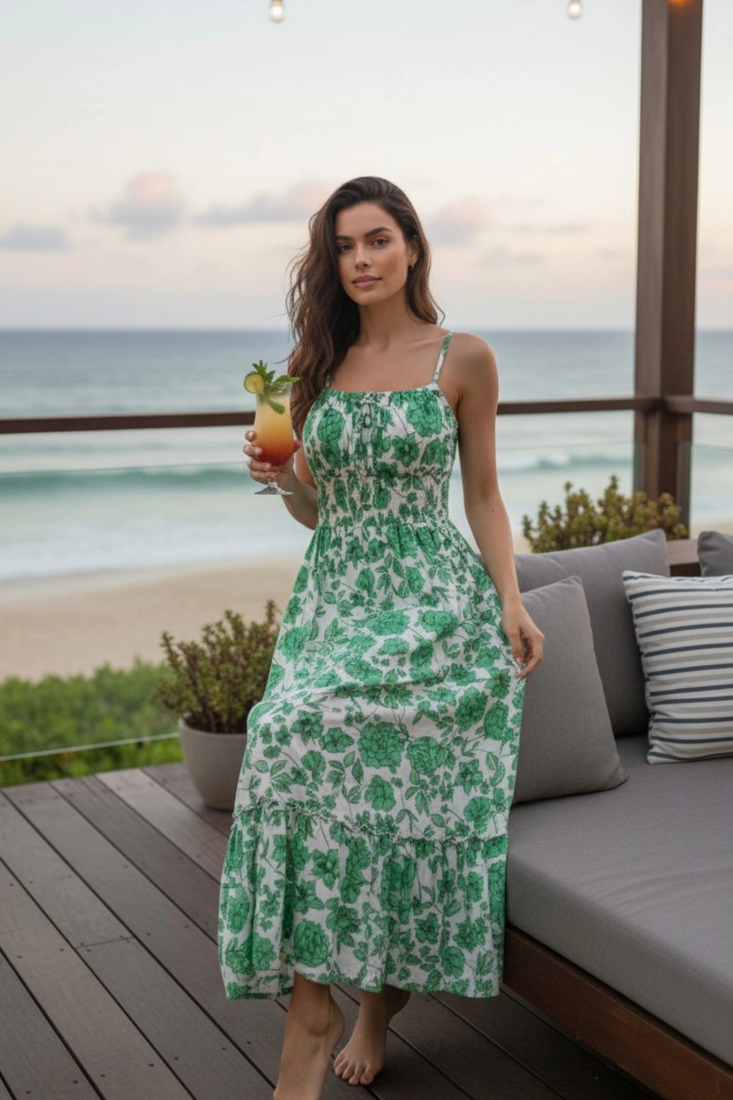 5 floral maxi sundress smocked bodice spaghetti strap tiered ruffle hem  GREEN FLORAL