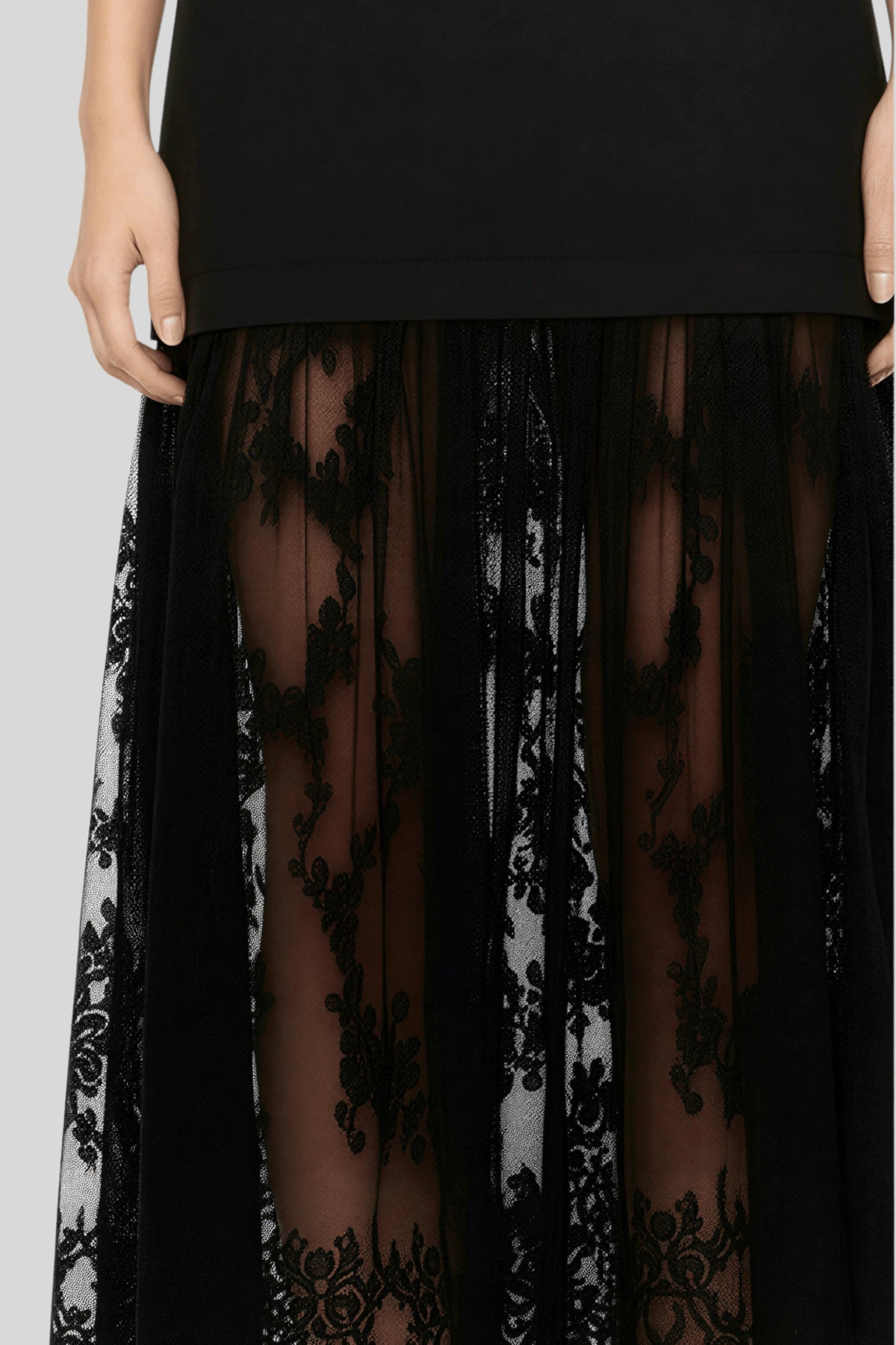 Sleeveless Long Dress with Embroidered Mesh Hem