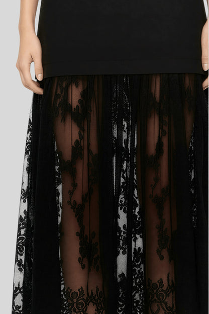 Sleeveless Long Dress with Embroidered Mesh Hem