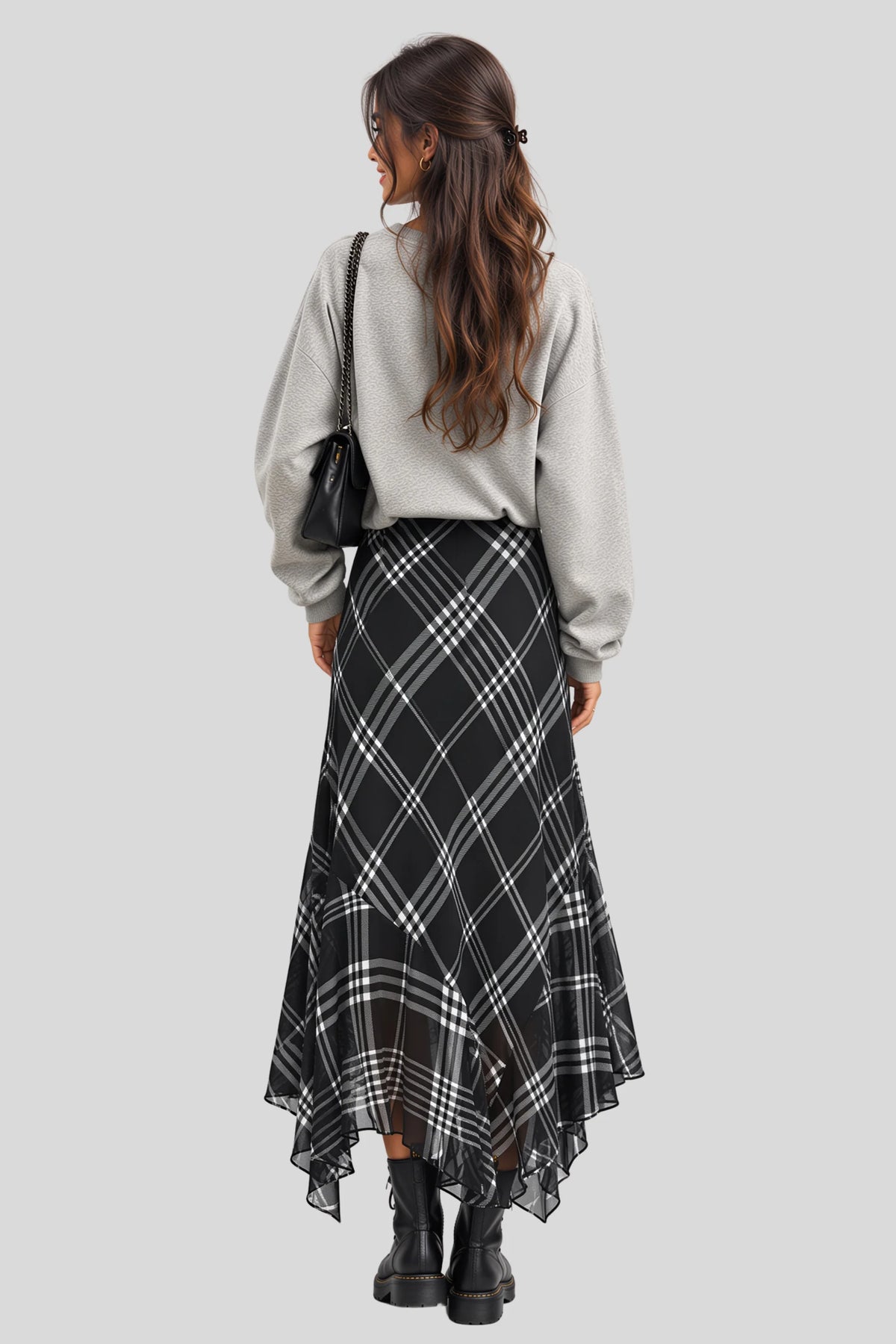 Alzya Black & White Plaid Asymmetric Scarf-Hem Midi Skirt 