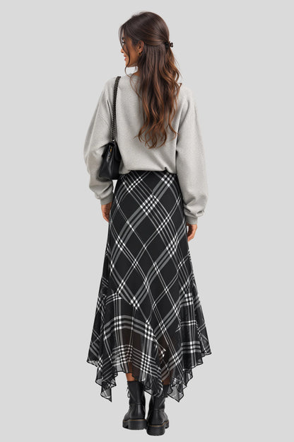 Alzya Black & White Plaid Asymmetric Scarf-Hem Midi Skirt 
